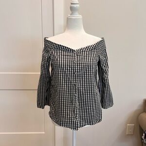 Uterque Black and White Checkered Off-Shoulder Blouse